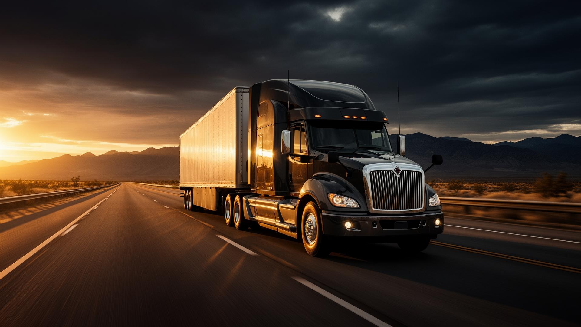 Semi-truck on highway at sunset